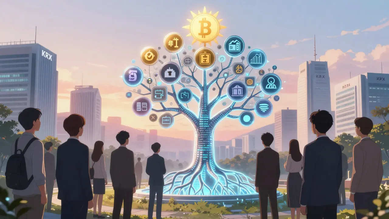 Busan Digital Asset Nexus with a blockchain tree and rising ETF symbol at sunrise, anime style.