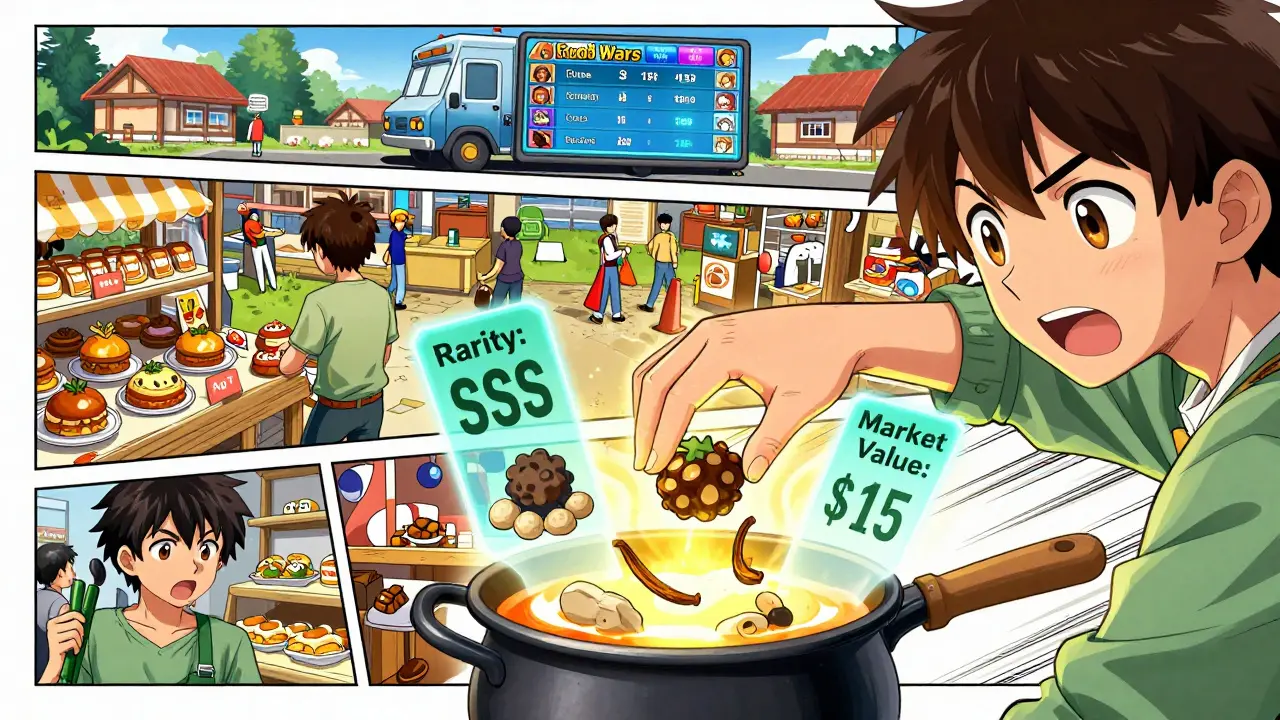 Close-up of hands placing rare NFT ingredients into a glowing cooking pot with floating rarity stats.