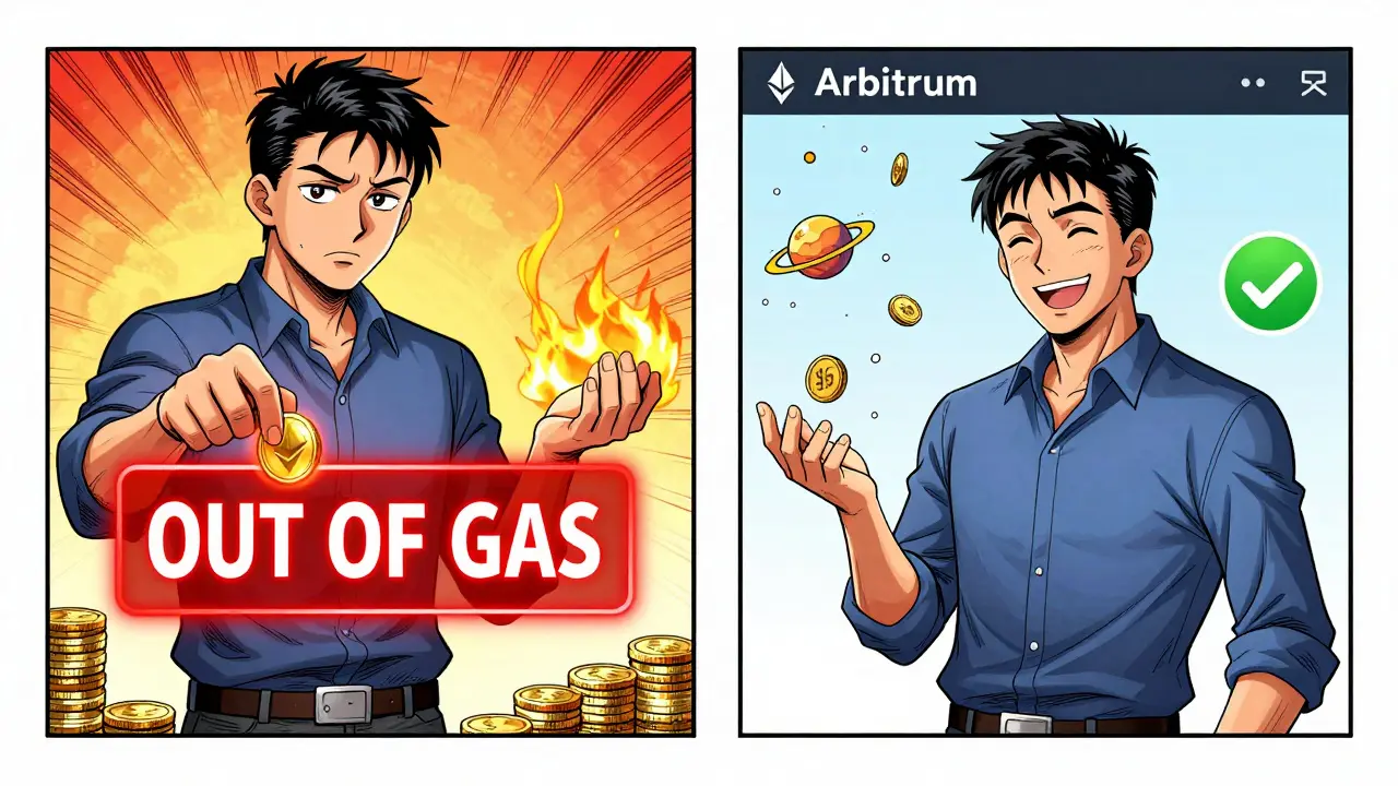 Contrasting high Ethereum fees with low Arbitrum fees in manga style, with CAKE tokens and speed symbols.
