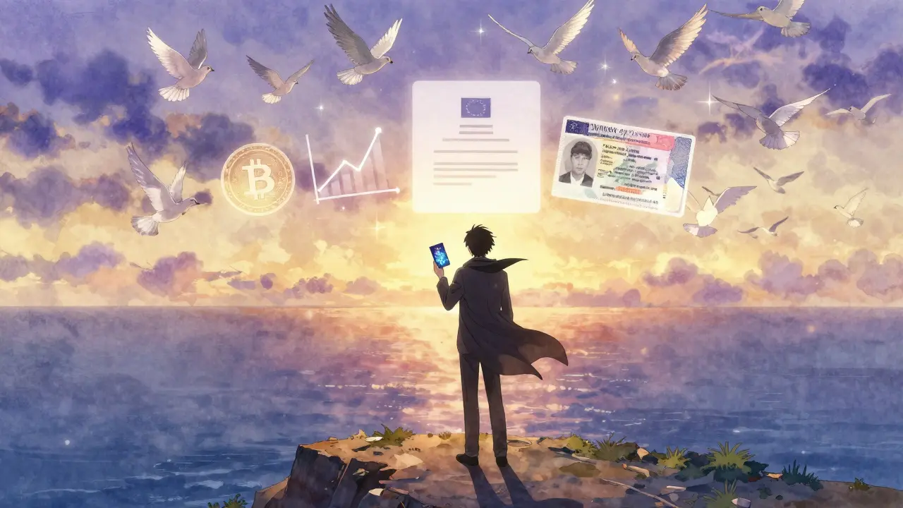 Crypto entrepreneur holding a glowing Maltese passport as digital icons float behind them at sunrise.