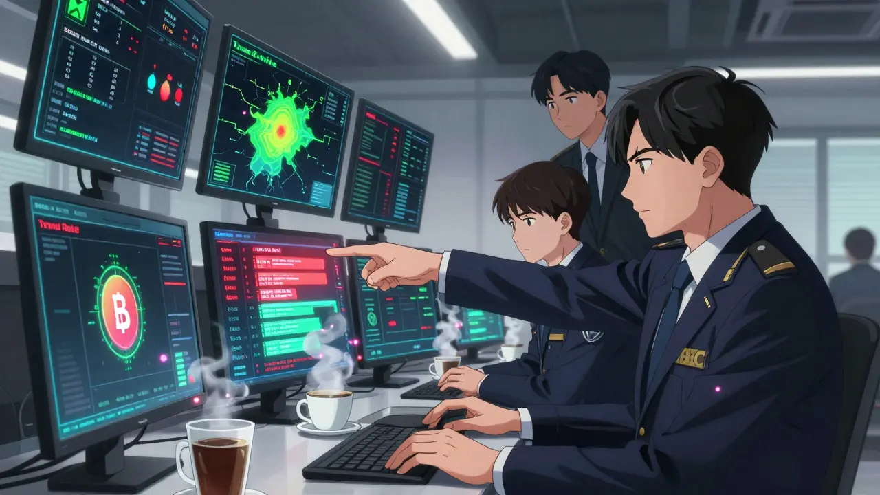Crypto exchange control room with analysts monitoring holographic transaction maps, anime style.