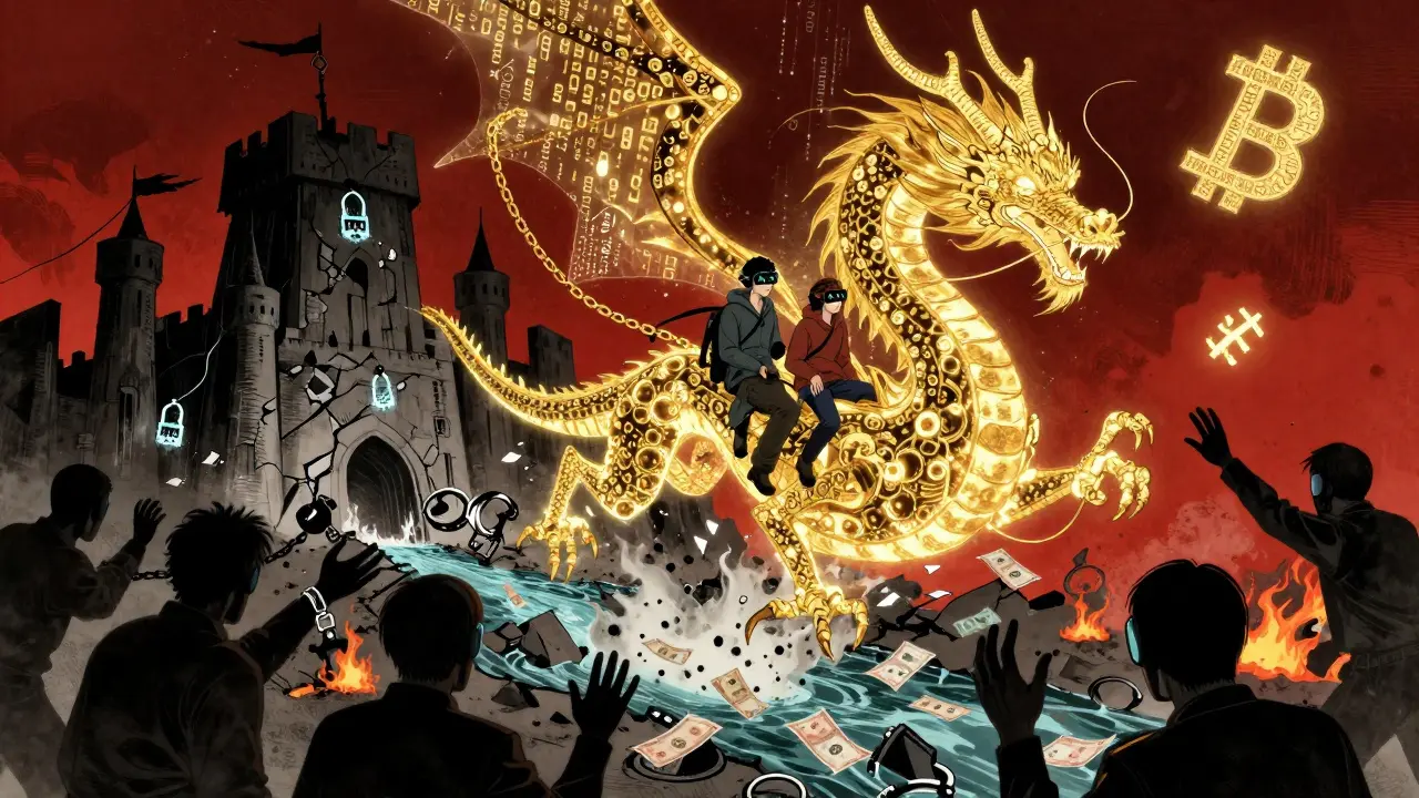 DAI as a dragon flying over a frozen USDT fortress, with Iranians escaping regulators on its back.