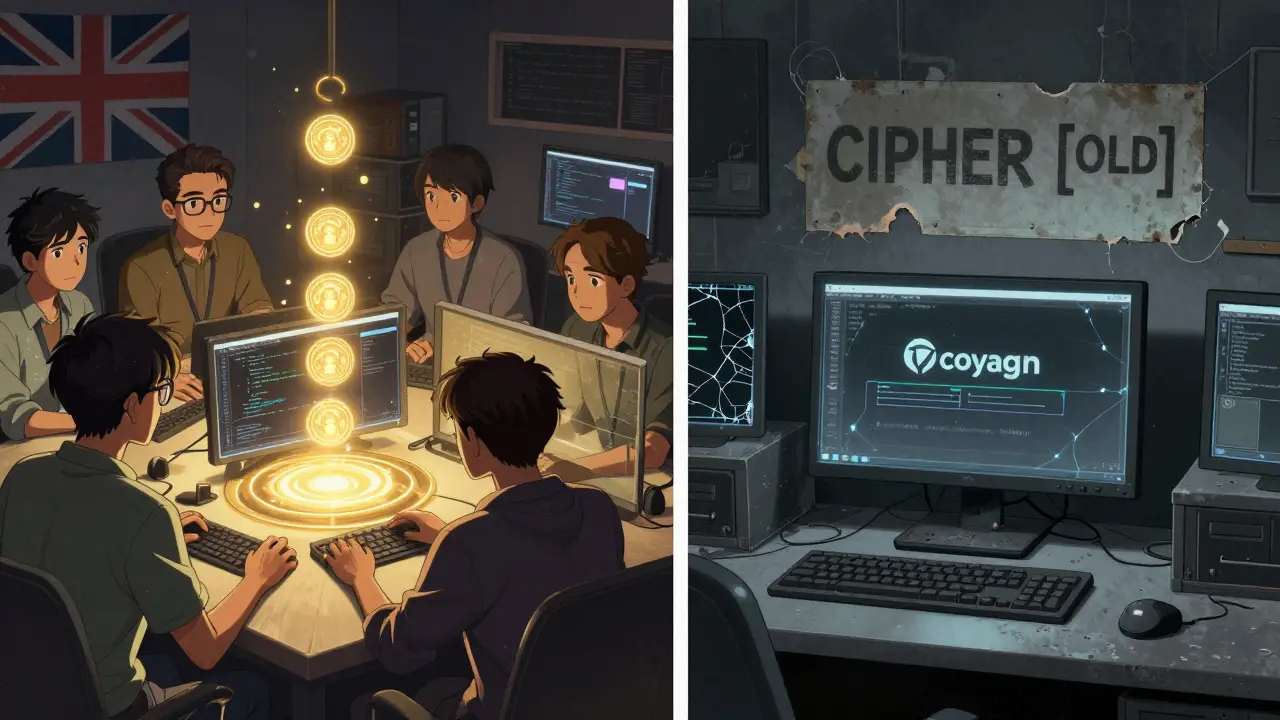 Developers working on a crypto project in the past, contrasted with a deserted, dusty workspace today.