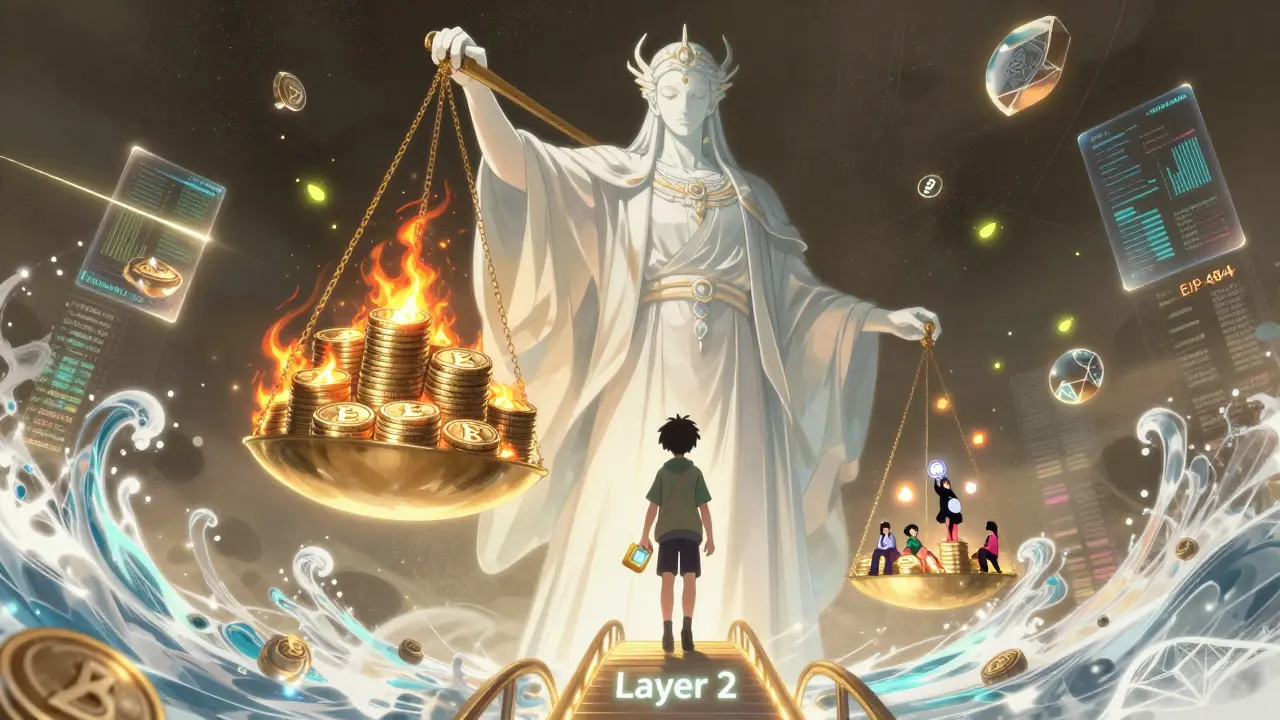 Ethereum as a god-like figure burning ETH on a scale, users floating on Layer 2 platforms, with glowing EIP-4844 blobs in the cosmic background.