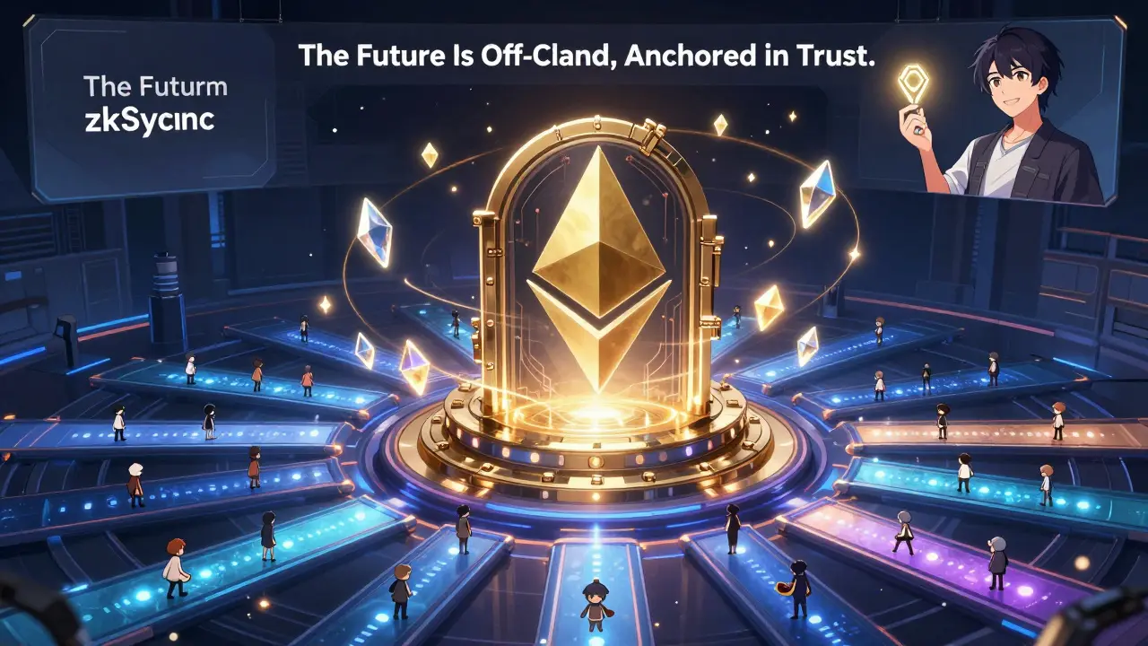 Ethereum vault with 64 data shards, users flowing through rollup portals under a developer&#039;s watchful gaze.