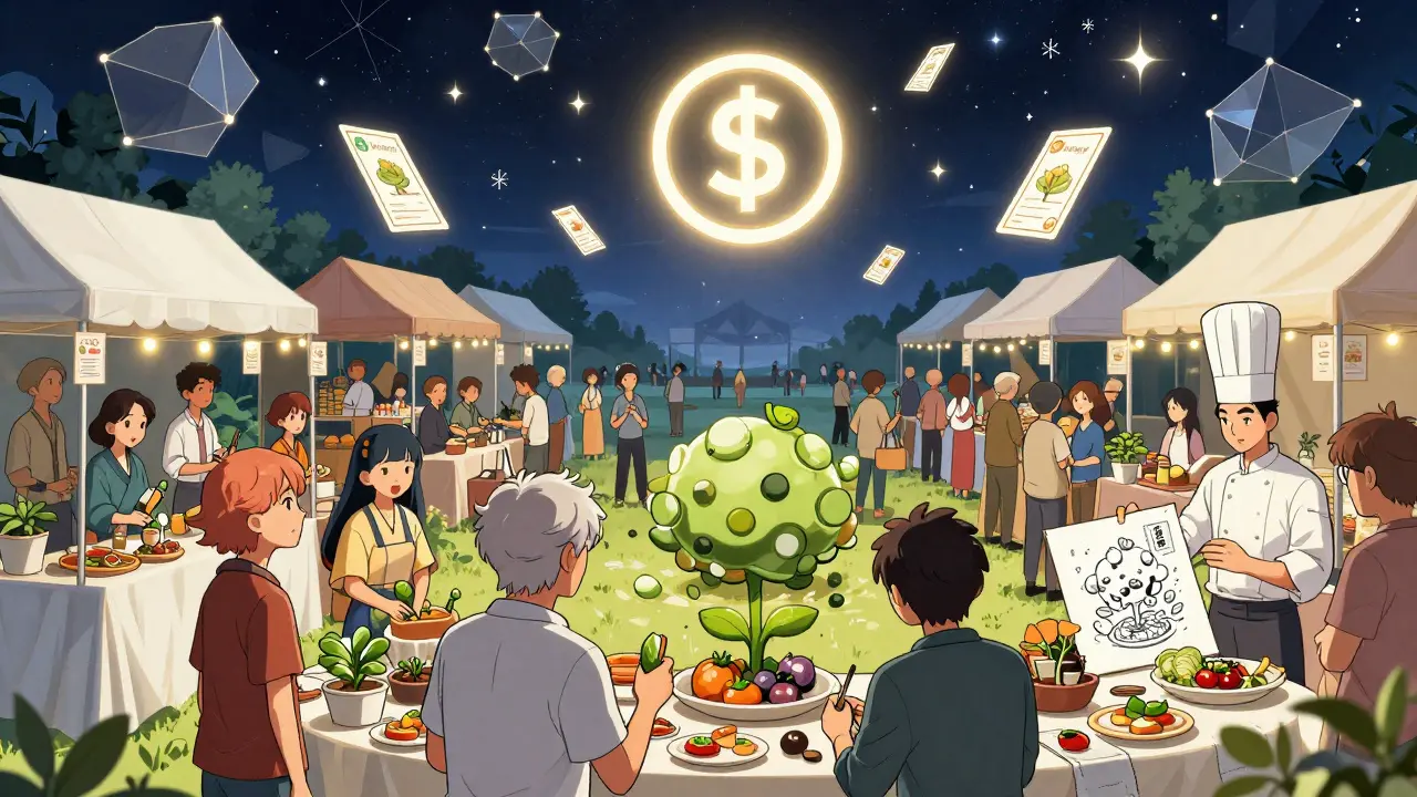 Global community at a digital food festival, staking NFTs and trading dishes under a starry blockchain sky.