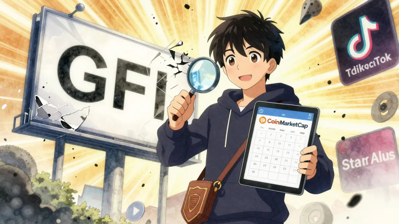 Hero stands before crumbling scam billboard, holding verified airdrop calendar with glowing project logos behind.