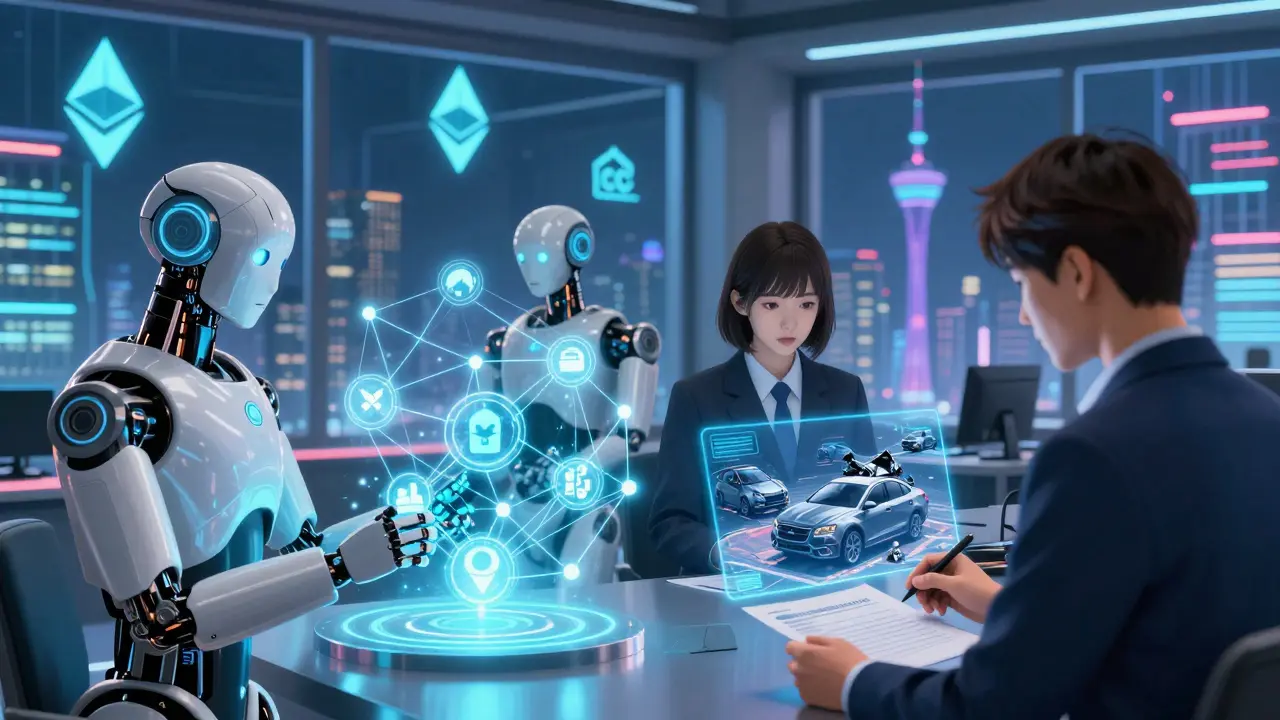 Hybrid insurance hub with robots processing blockchain claims and humans handling complex cases.