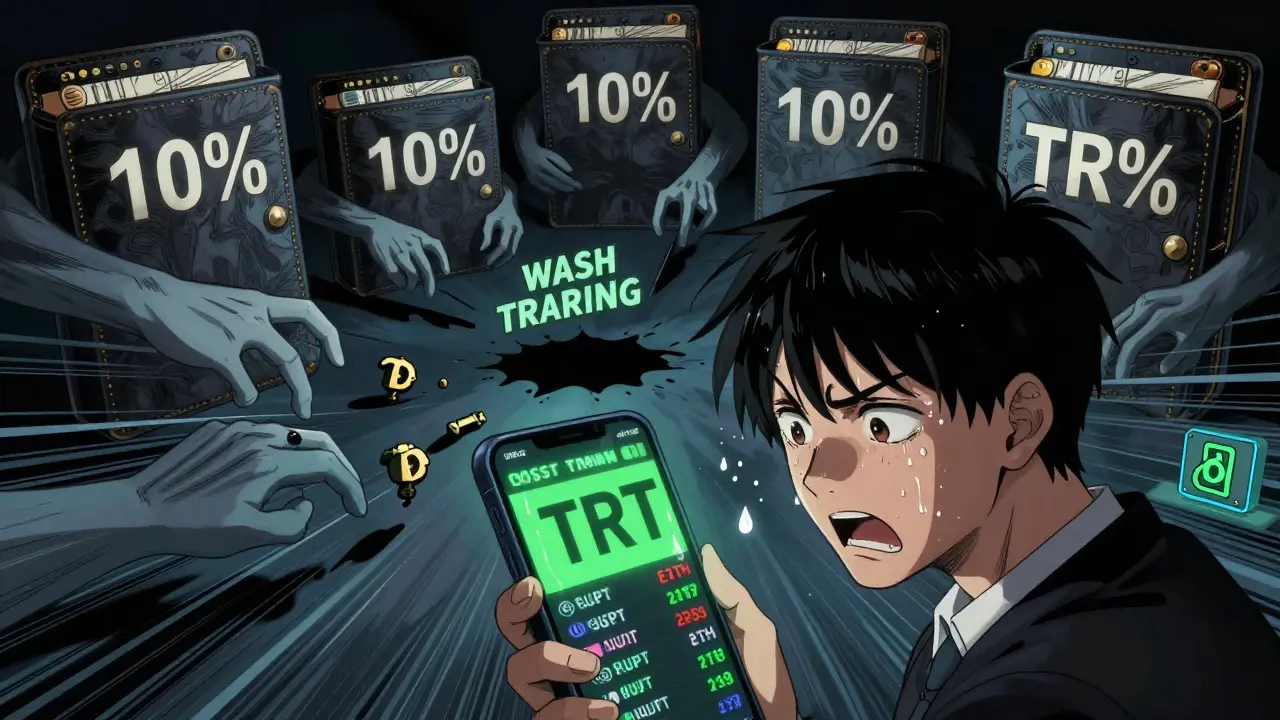 Investor stares at flashing TRT prices as ghostly hands steal funds into a black hole.
