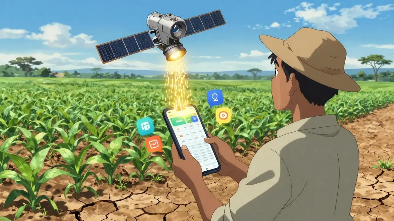 Kenyan farmer sees satellite data trigger crop insurance payout on smartphone, dry land behind them.
