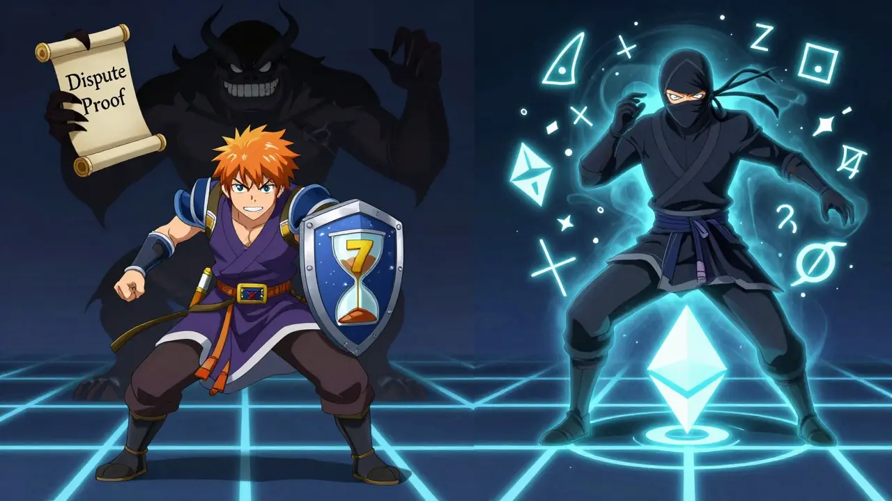 Optimistic and ZK rollup warriors in battle, defending Ethereum&#039;s security with dispute proofs and cryptographic seals.