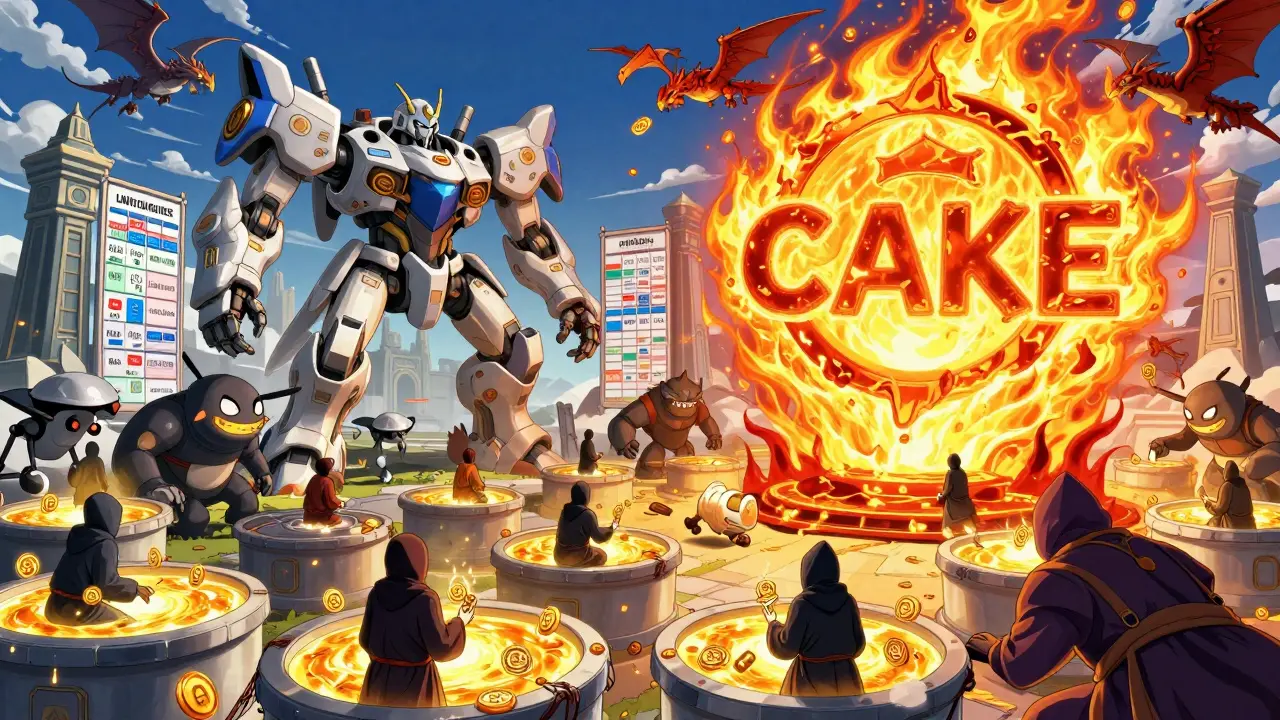 PancakeSwap v2 as a mech-temple battling DeFi challenges, with CAKE burning and NFT dragons in anime style.