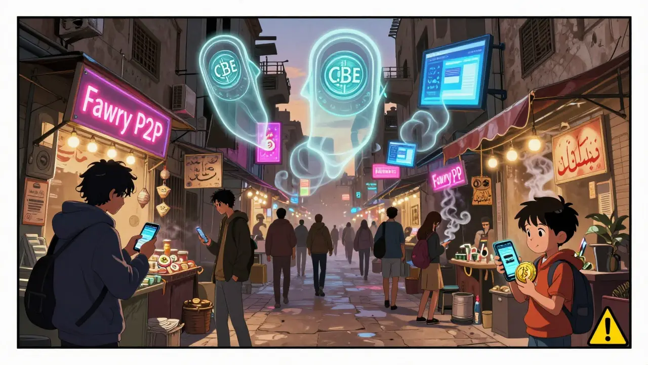 People trading crypto with cash in a Cairo alley under ghostly bank seals blocking digital access.