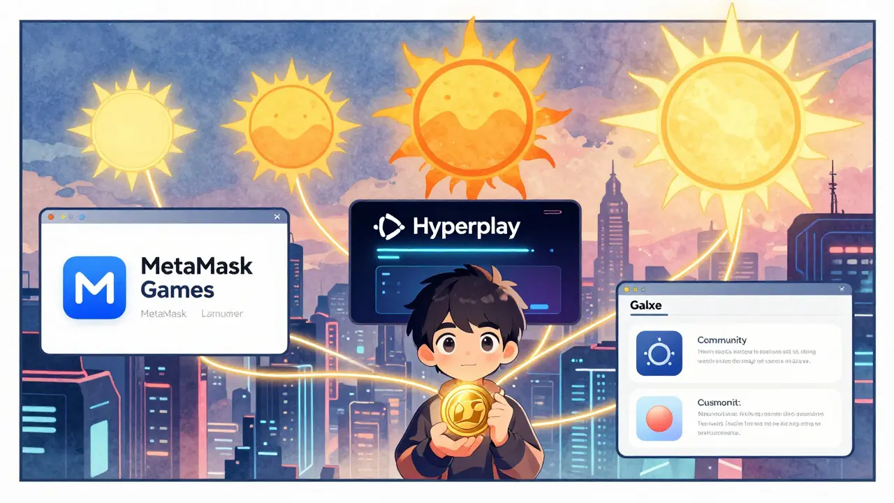 Player connected to three gaming platforms with glowing LOCG token phases rising behind them.