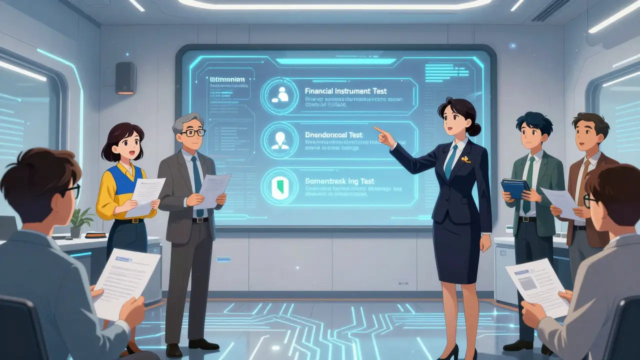 Regulator explaining blockchain token classification to international startup founders in a high-tech office.