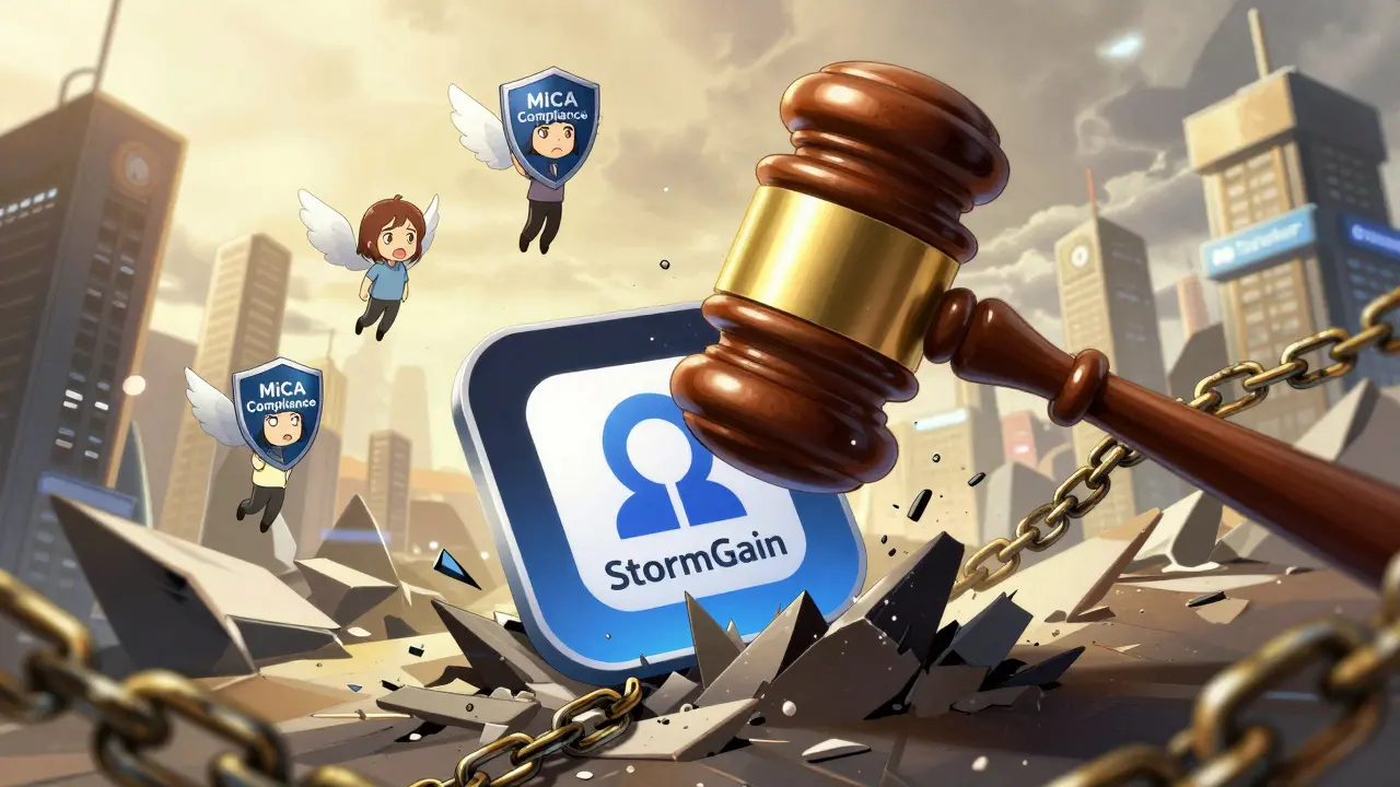 Regulatory gavel crushing StormGain app as users are rescued by YouHodler figures, anime style