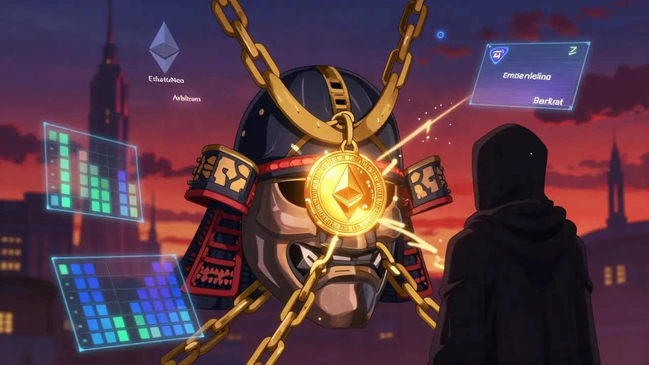 SITH token locked in veSITH mask device with reward chains under dusk lighting