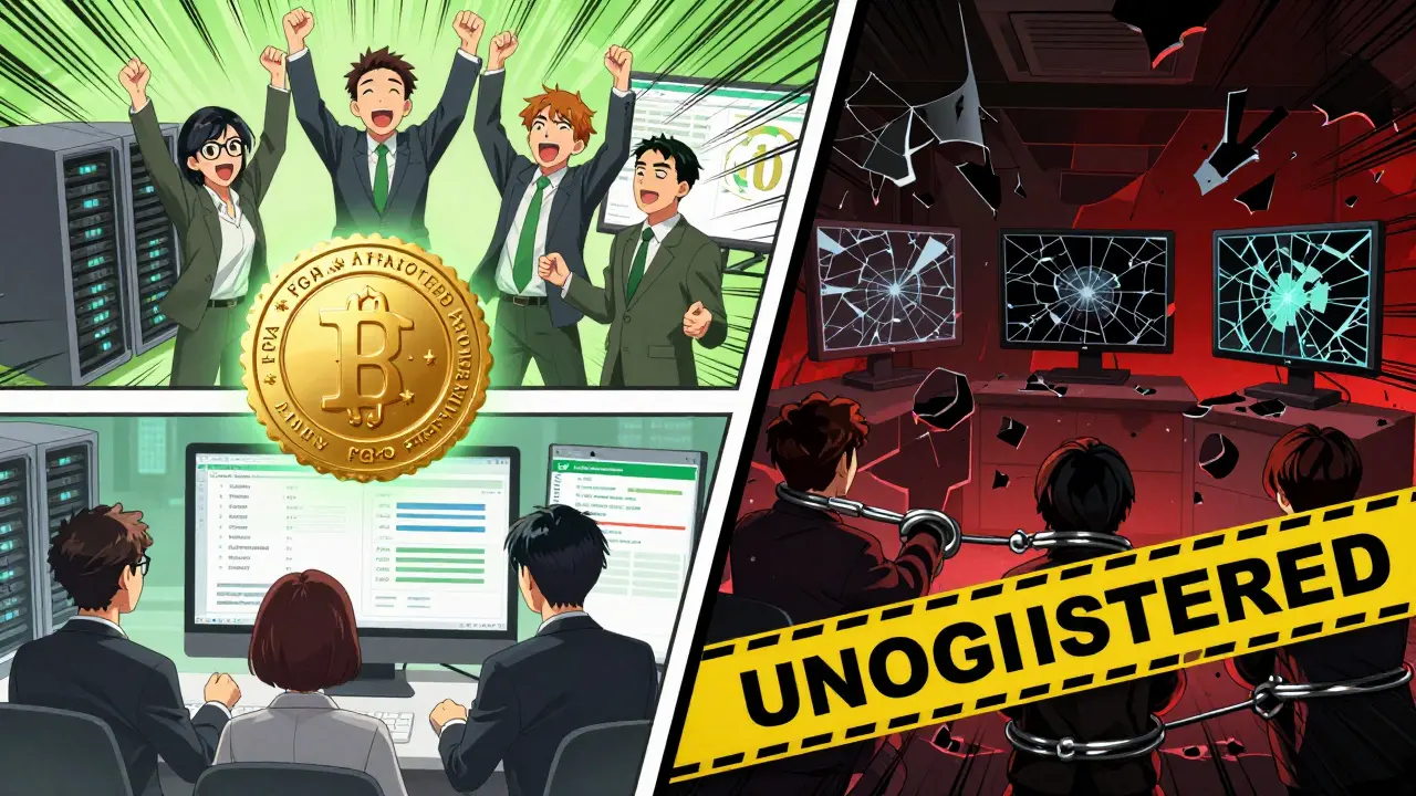 Split manga panel: one side shows a compliant crypto business celebrating, the other shows a failed operation in ruins.