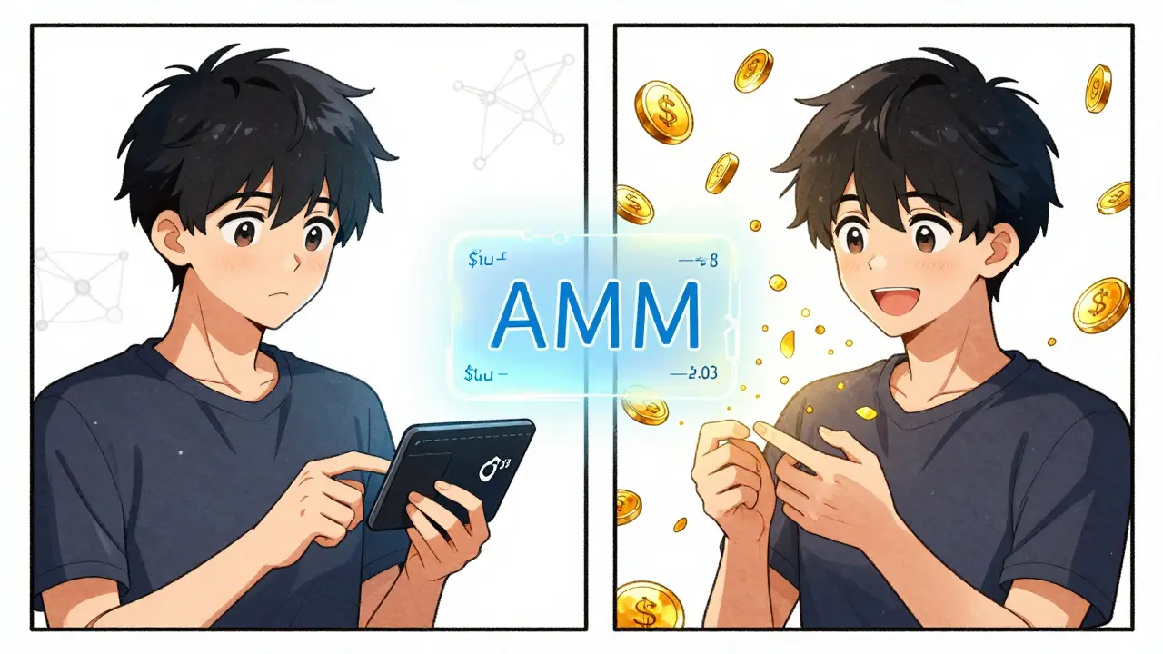 Split manga panel showing a user transferring crypto and then earning SUSHI rewards with gas fees as falling leaves.