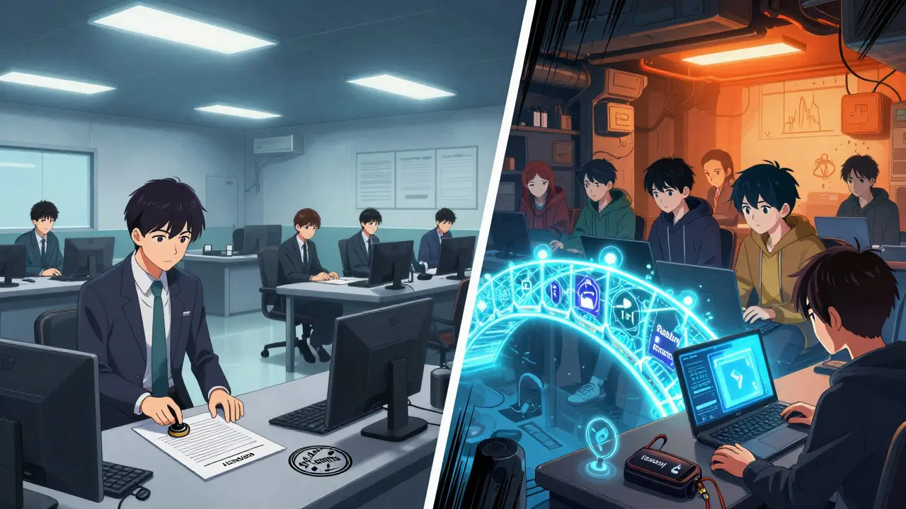 Split scene: government-controlled crypto licensing vs. underground DEX users in a hidden basement.