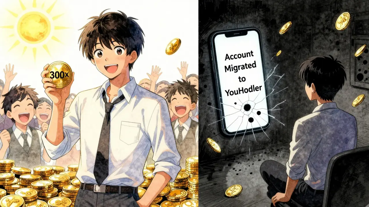 Split scene: happy trader with leverage tokens vs same trader losing everything, manga art