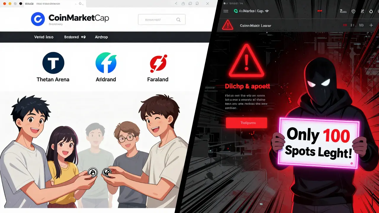 Split scene: real verified airdrops on left, fake scam site with draining wallet on right.