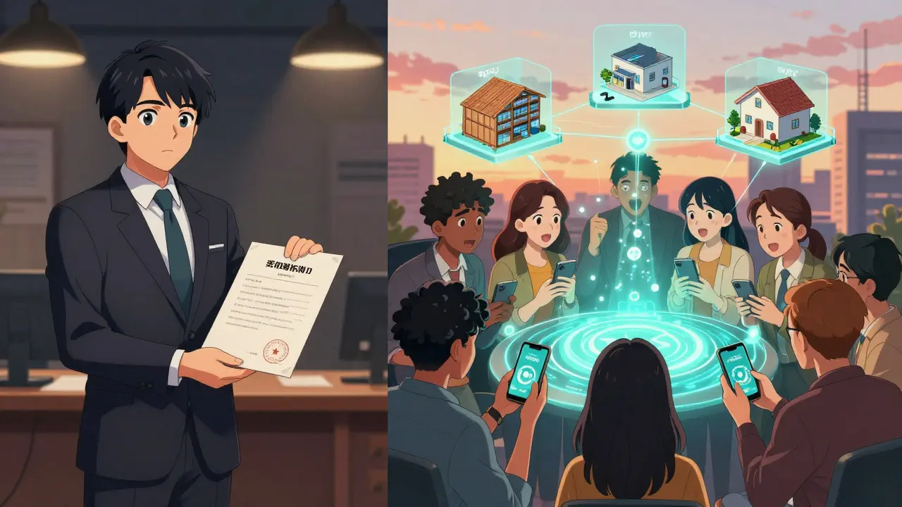 Split scene: traditional paper deeds vs. digital token purchases on smartphones, showing real estate transformation.