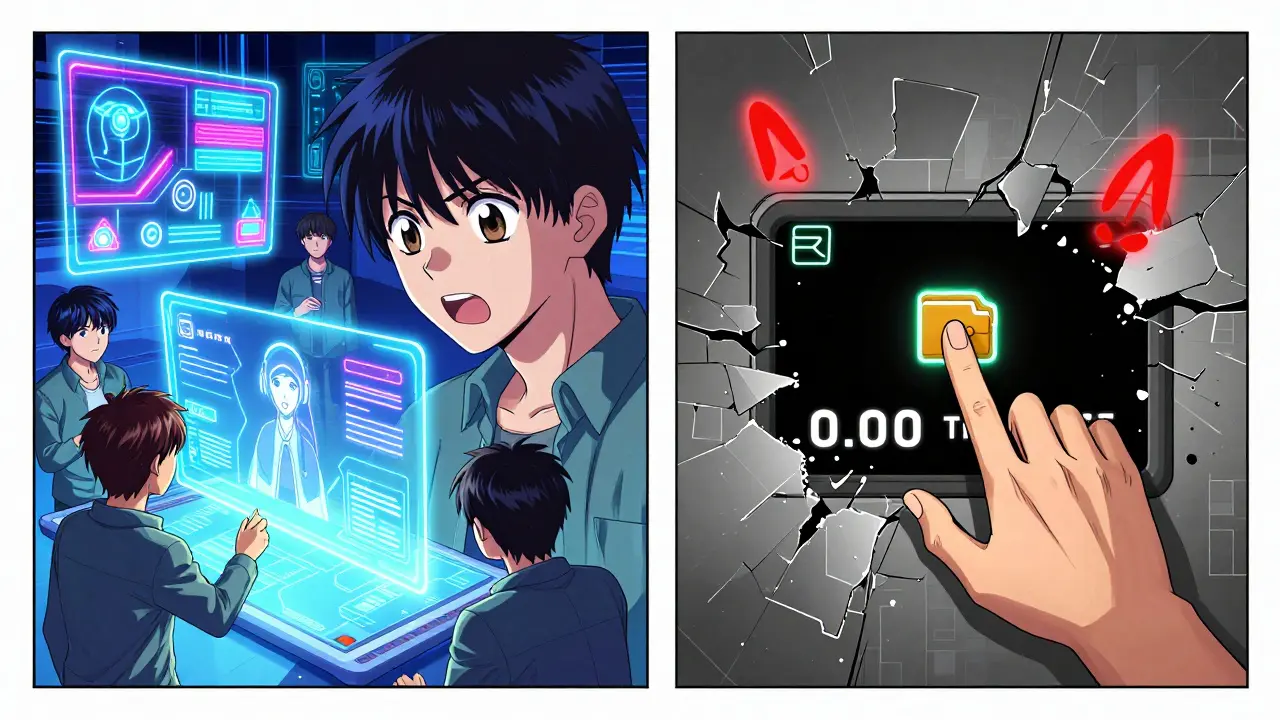 Split scene: vibrant AI DEX vs. broken platform with zero payout notification.