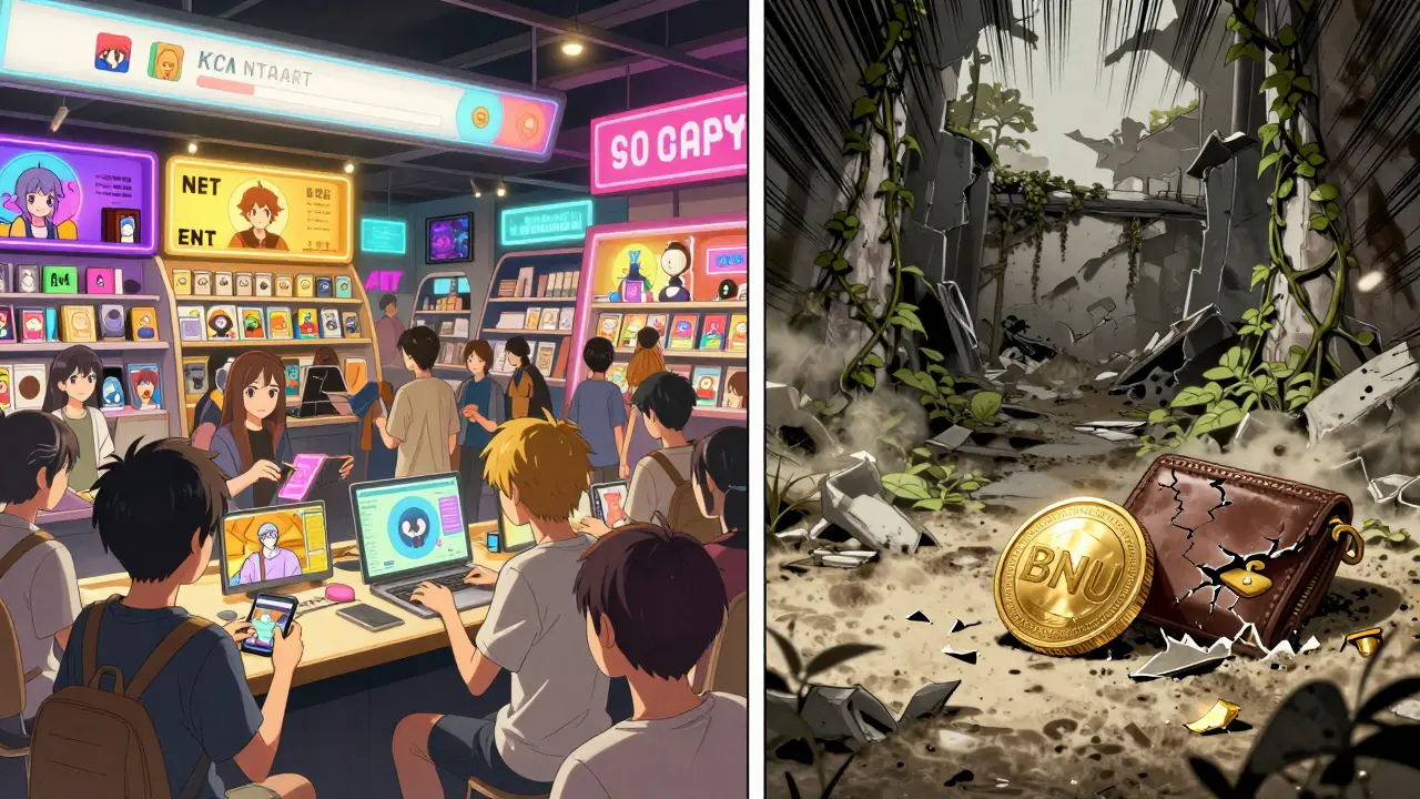 Split scene: vibrant AvatarArt platform vs. its ruined version, with a broken BNU token on the ground.