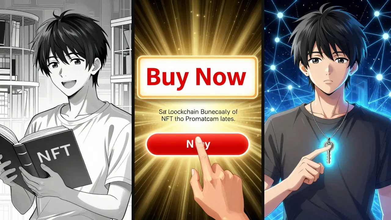 Three-panel manga scene showing the shift from physical ownership to blockchain-based digital rights.