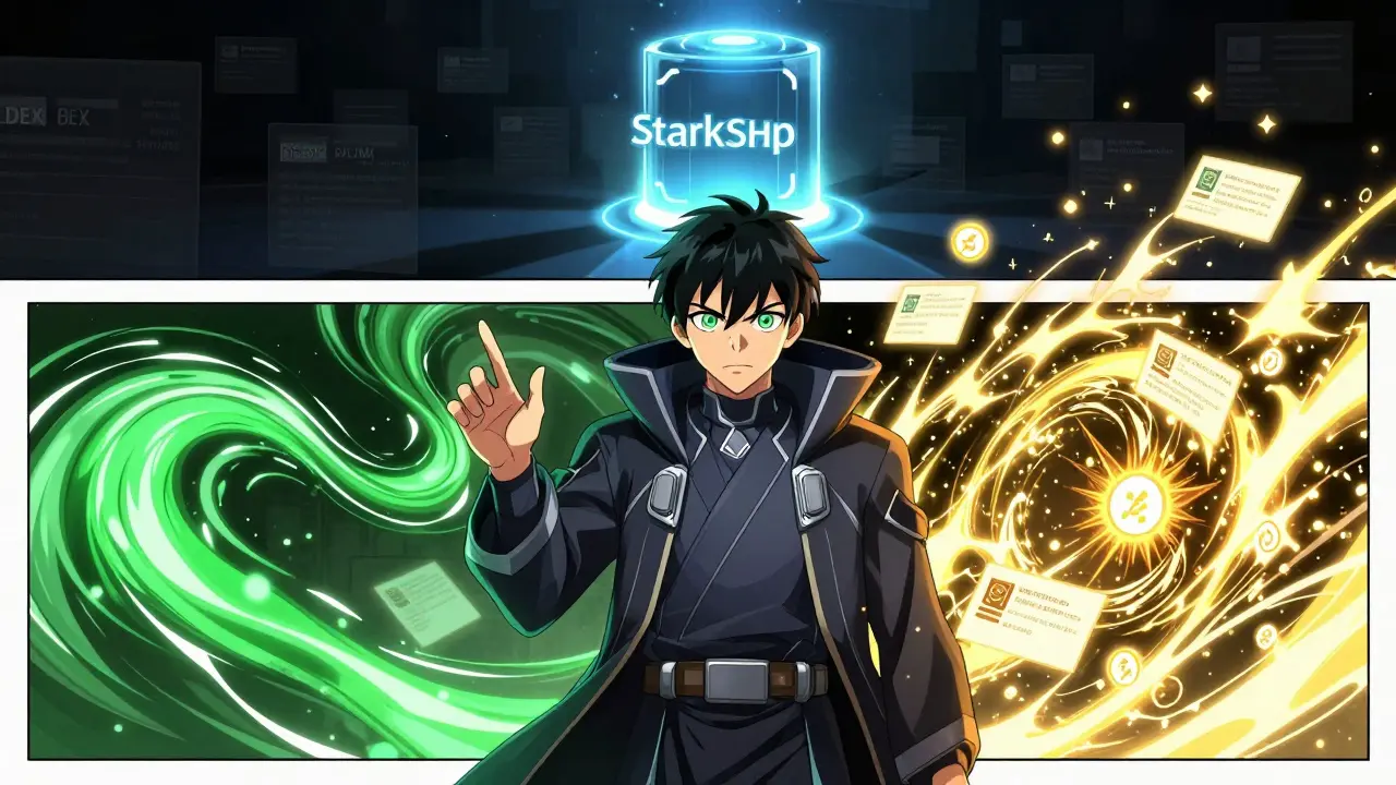 Trader activating dual-mode AMM with stable and volatile energy flows in manga art