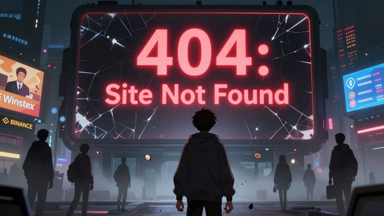 Trader watching WIN token turn to dust as real exchanges glow in the background.