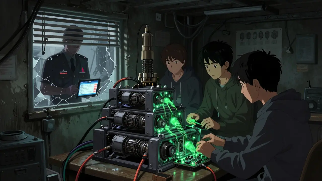 Youths mine Bitcoin in a basement using hydropower, while a bank official watches outside.