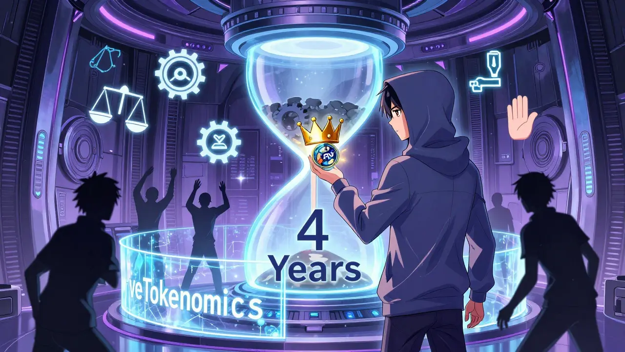 A character locking a CRV token into an hourglass, surrounded by governance symbols in a digital vault.