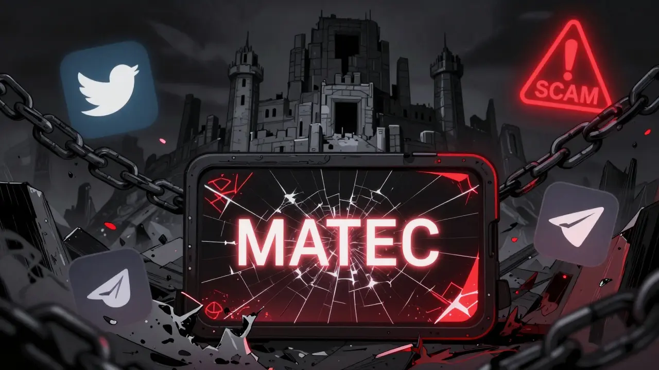 A cracked wallet address screen surrounded by crumbling social media icons, as a blockchain castle collapses in the background.