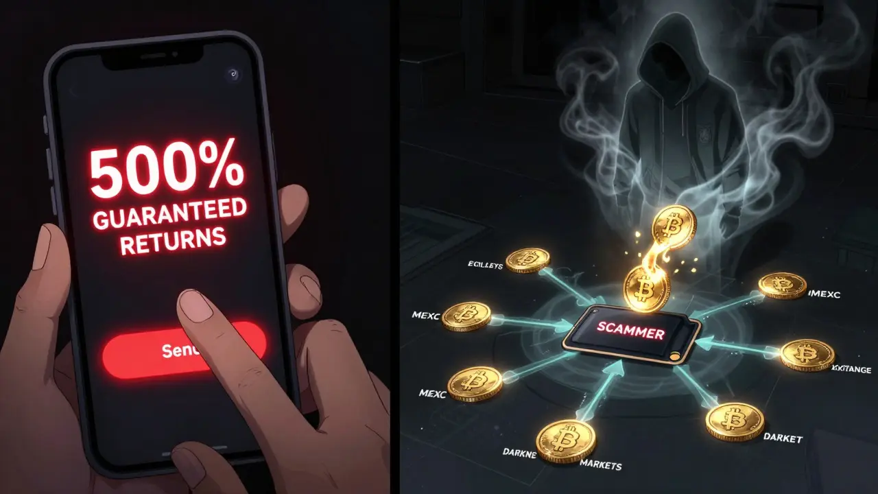 A crypto transaction flowing from a fake app into a dark scammer wallet with blockchain paths.