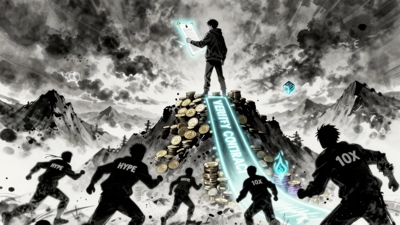 A developer holds a glowing contract address while others chase fake tokens, with a path labeled 'VERIFY CONTRACT' leading upward.