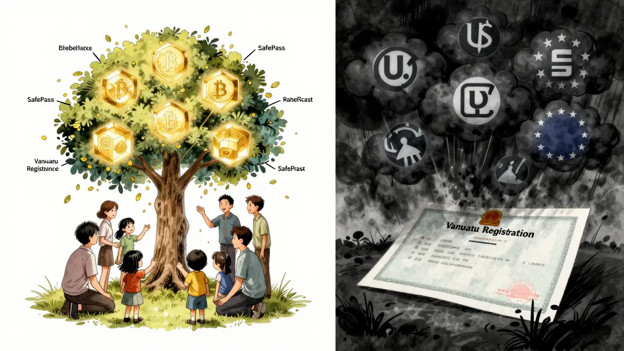 A family receives crypto inheritance through BitDelta's SafePass feature, while regulatory clouds loom in the background.