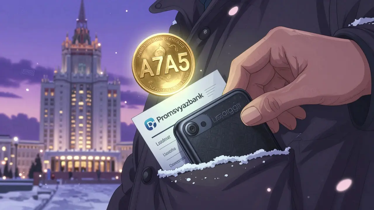 A hand placing a hardware wallet into a coat while an A7A5 stablecoin glows above a Russian bank statement at twilight.