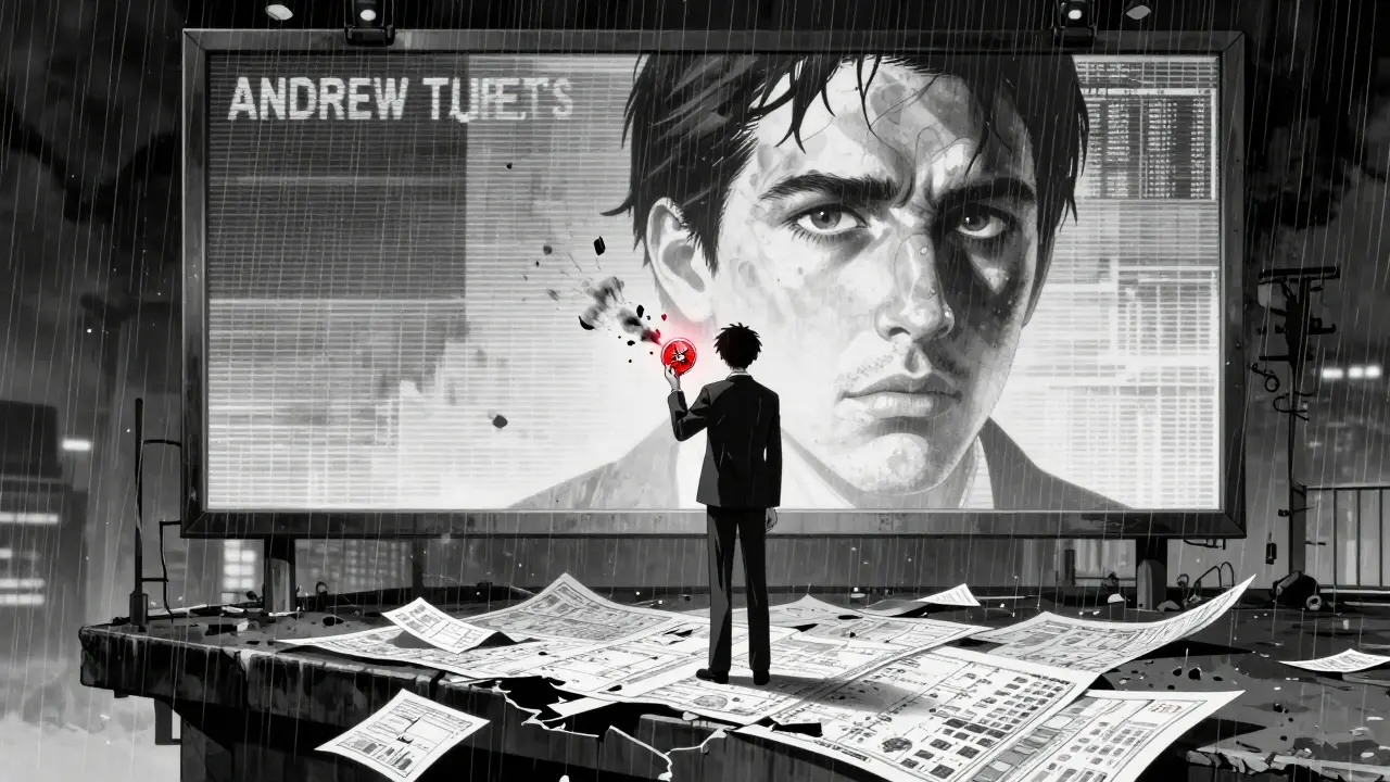 A lone investor watches a TATE token turn to ash as Andrew Tate's billboard fades into static in emotional manga scene.