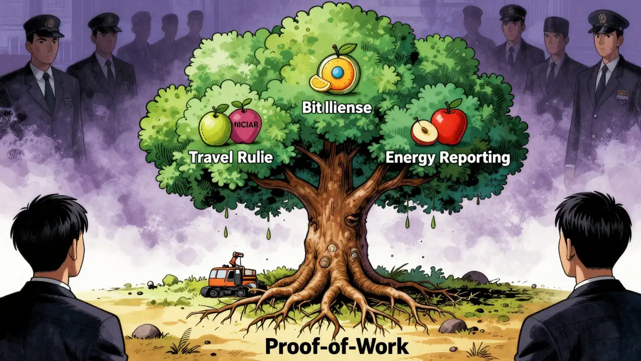 A mining rig transforming into a legal tree with labeled branches representing crypto regulations.