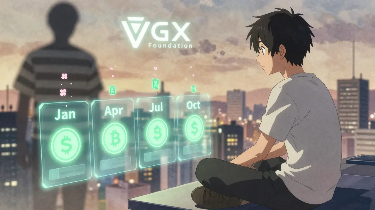 A person watches a holographic calendar with four quarterly token releases, cherry blossom-like SFM tokens floating upward.