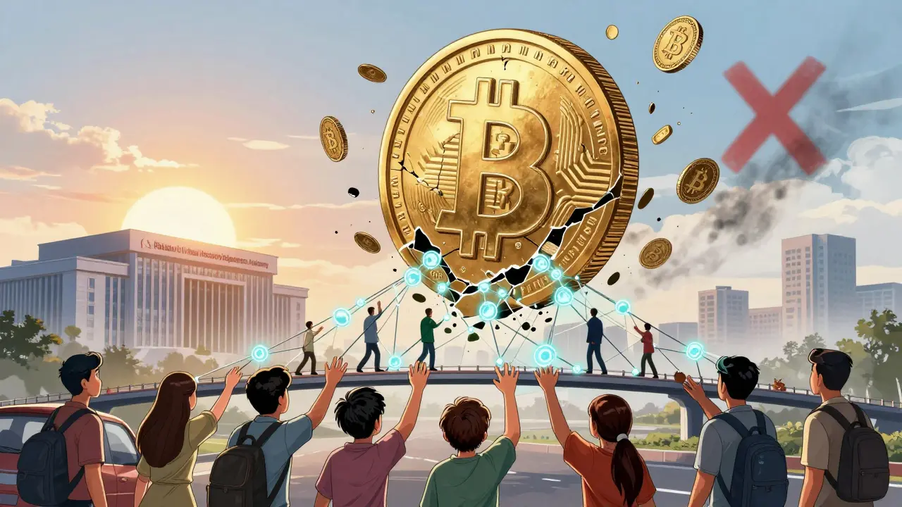 A shattered rupee coin transforms into floating USDT tokens forming a digital bridge connecting everyday Pakistanis.