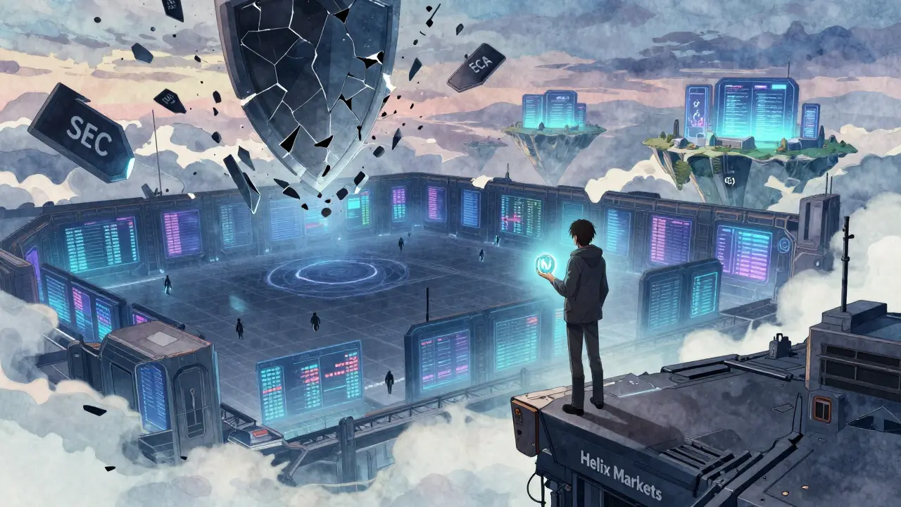 A solitary figure on a crumbling exchange platform, regulatory shields breaking, while rival exchanges glow in the distance.