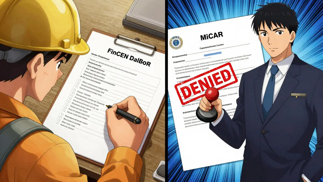 A split scene: a U.S. miner filling out compliance forms while a European regulator stamps a denied MiCAR application.
