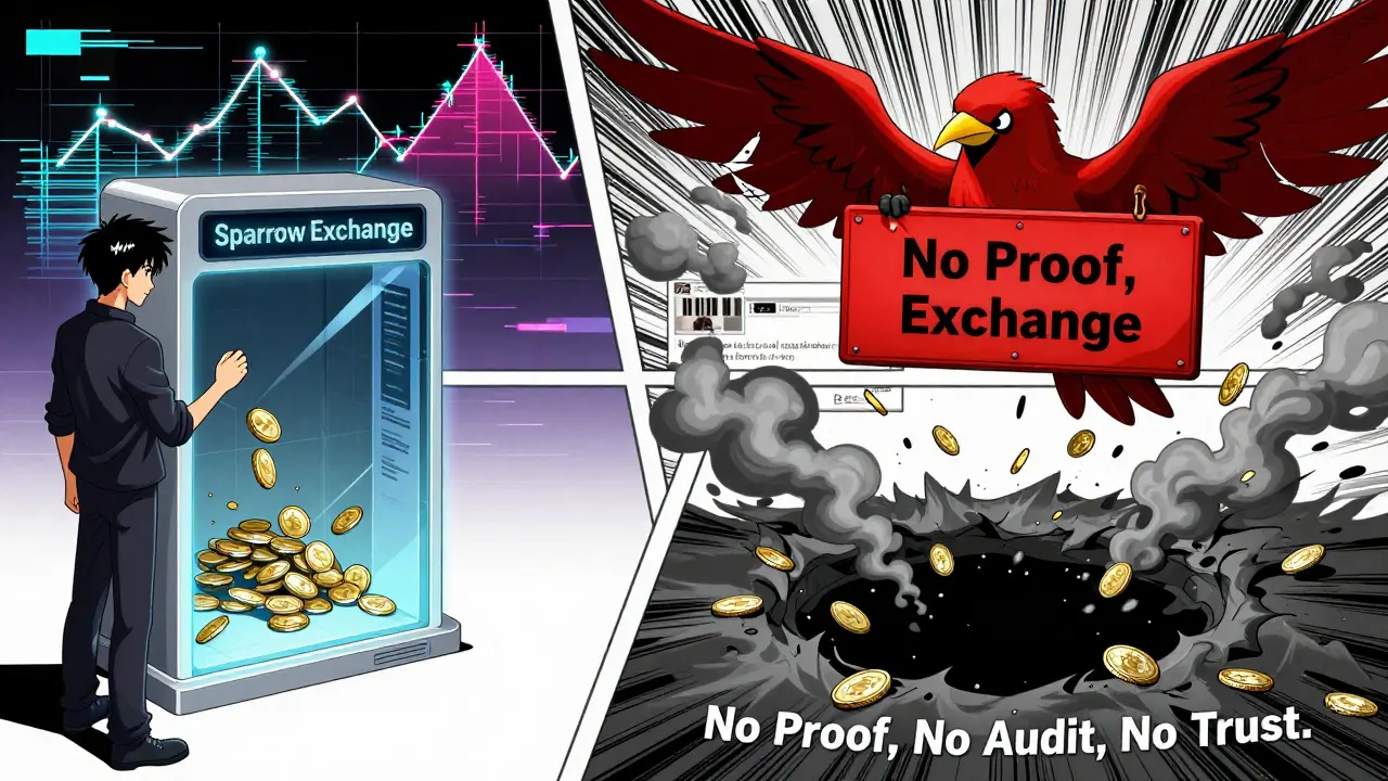 A split scene showing crypto deposits vanishing into a black hole labeled 'No Trust.'