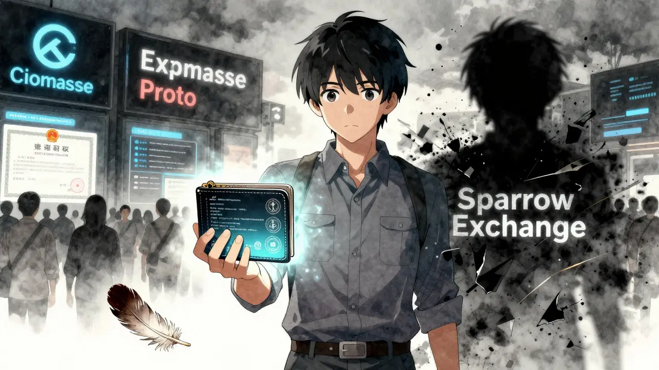 A trader holding a safe Bitcoin wallet while a fake exchange crumbles into ash.