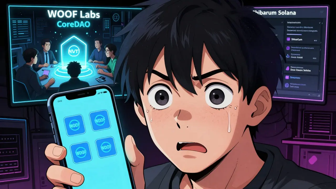 A trader panics as their phone shows four identical WOOF tokens, with visions of real and dead projects behind them.