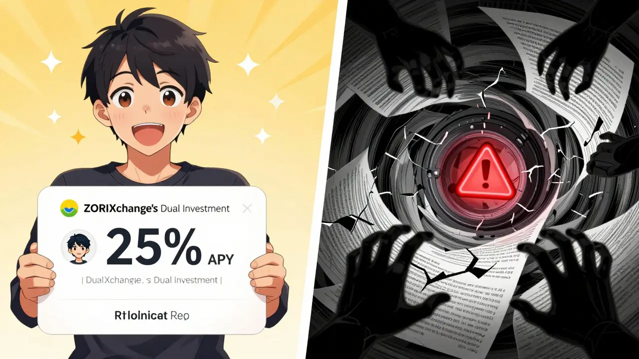 A user celebrates high returns from Dual Investment while a dark contract with hidden risks looms beside them in a manga-style split panel.