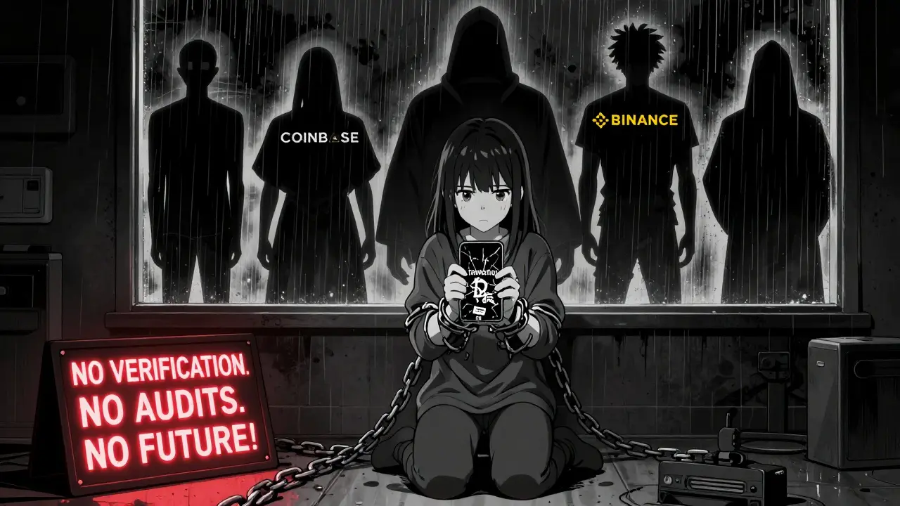 A victim surrounded by ghostly real exchanges, chains binding them as a warning glows in the dark.